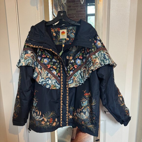 NWT Farm Rio Black Flowers Ruffle Ski Jacket, L